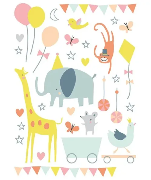 Vinilo-infantil-original-fiesta-animales-colores-globos-elefante-girafa-minimoi